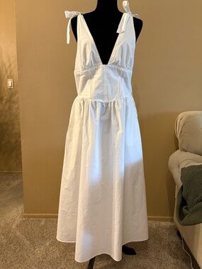 Zara poplin White Tie-Shoulder V-Neck Midi Dress